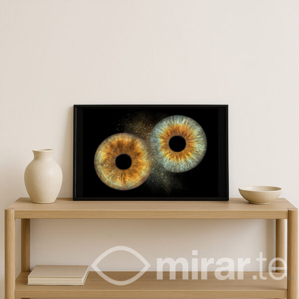 Cuadro de pareja en formato horizontal de 30x45 cm con acabado de aluminio mate. Fotografía artística de iris humanos en un elegante marco, ideal para decoración moderna y personalizada. Fabricado con materiales de alta calidad. Perfecto para salones y dormitorios.