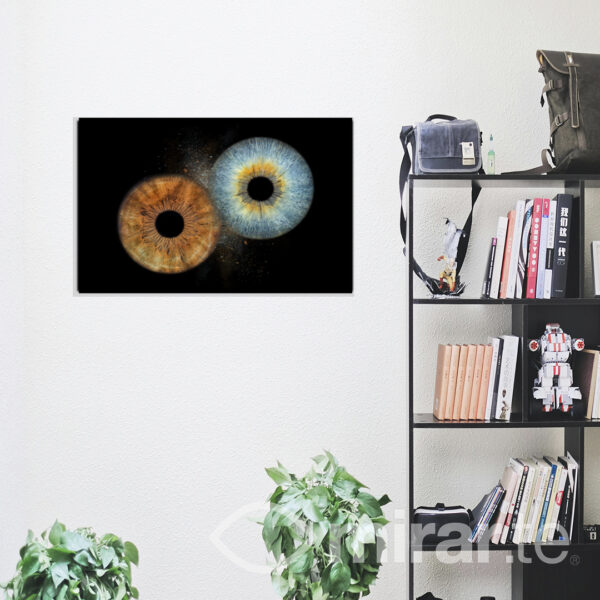 Cuadro de pareja en formato horizontal de 40x60 cm con acabado de aluminio mate. Fotografía artística de iris humanos, ideal para decoración contemporánea y personalizada en el hogar.