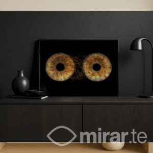 Cuadro de pareja en formato horizontal de 40x60 cm con acabado Glazed Art brillante. Fotografía artística de iris humanos, con efecto cristal y detalles vibrantes, perfecto para un ambiente elegante y sofisticado.