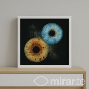 Cuadro personalizado de madera 30x30 cm con los iris reales de una pareja, en marco blanco o negro, para colgar o apoyar.
