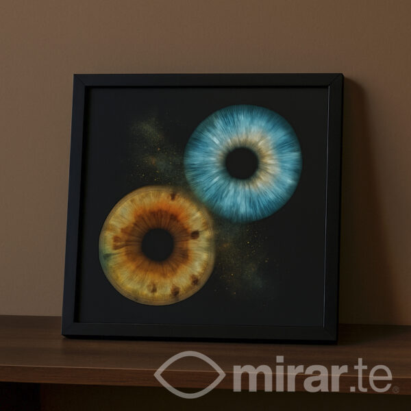 Detalle de los iris reales impresos en alta calidad sobre fondo negro.