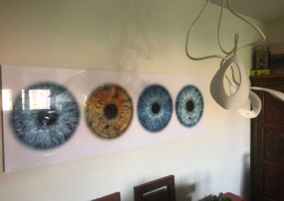 Cuadro familiar de 4 iris en metacrilato fondo blanco en comedor | mirar.te Madrid