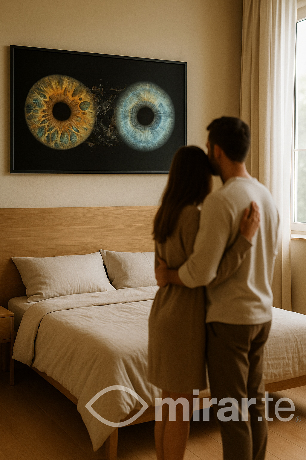 Pareja abrazada frente a su cuadro de iris efecto Aqua, 60×90 cm en Aluminio Dibond® Textura Arena mate — mirar.te®